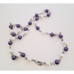 Women’s Purple & White Bead Necklace Silver Tone Accents Costume Jewelry Beads